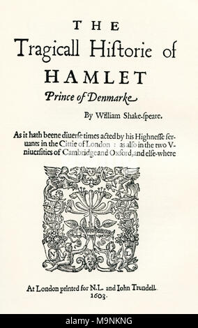 Nach dem Titelblatt der ersten Cuarto von Shaekspeare's play Hamlet. William Shakespeare, (1564 - 1616) getauft. Englischer Dichter, Dramatiker und Schauspieler. Aus einem Leben von William Shakespeare, veröffentlicht 1908. Stockfoto