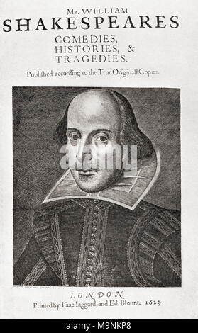 Nach einem Faksimile der Titel - Seite des ersten folio Ausgabe von Shakespeares Werken. William Shakespeare, (1564 - 1616) getauft. Englischer Dichter, Dramatiker und Schauspieler. Aus einem Leben von William Shakespeare, veröffentlicht 1908. Stockfoto