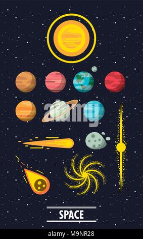 Sonne-Comic mit Sonnensystem Planeten sortiert in Zeile Stockfoto, Bild