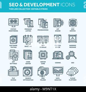 Seo und Entwicklung von Apps. Search Engine Optimization. Internet, e-commerce. Dünne Linie Web Icon Set. Umrisse icons Collection. Vector Illustration. Stock Vektor