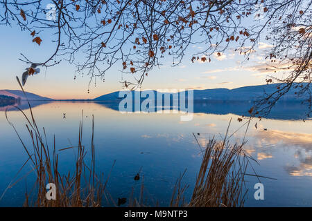See von Kastoria in Griechenland. Tier- und Pflanzenwelt und mit ruhigem Wasser, mit Reflexionen Stockfoto
