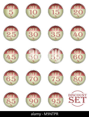 Reihe von Ermäßigungen Symbole in Prozentsätzen auf weißem Hintergrund. Stockfoto