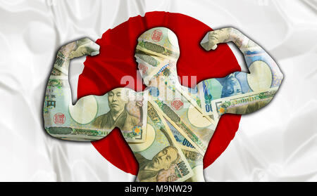 Abstrakte Geschäft Hintergrund. Konzept der mächtigen japanischen Yen. Japan Flagge und Bodybuilder geformt JPY Währung. Finanzielle Konzept über Wechselkurs der japanischen Währung. Stockfoto