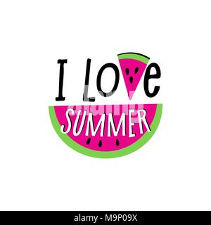 Inschrift Hallo Sommer und Wassermelone Slice, Vector, Schriftzug Stock Vektor