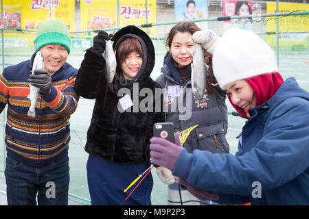 Eine Koreanische Vater und seine zwei Töchter unter ein Foto von den frisch gefangenen Fisch am Hwacheon Sancheoneo Ice Festival. Die Hwacheon Sancheoneo Ice Festival ist eine Tradition für die Menschen in Korea. Jedes Jahr im Januar Menschenmassen versammeln sich auf dem zugefrorenen Fluss der Kälte und dem Schnee des Winters zu feiern. Hauptattraktion ist Eisfischen. Jung und Alt warten geduldig auf ein kleines Loch im Eis für eine Forelle zu beißen. In zelten Sie können den Fisch vom Grill, nach dem sie gegessen werden. Unter anderem sind Rodeln und Eislaufen. Die in der Nähe Pyeongchang Region wird Gastgeber der Olympischen Winterspiele in Stockfoto