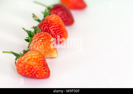 In der Nähe der Zeile reife Erdbeeren auf weißem Hintergrund Stockfoto