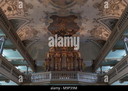 Orgelempore mit barocke Orgel von 1740, Neustädter Kirche, barocke Kirche, Erlangen, Mittelfranken, Bayern, Deutschland Stockfoto