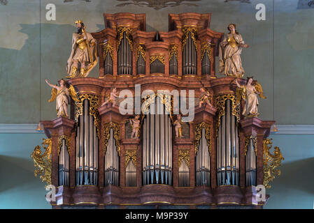 Orgel mit barocken Orgelgehäuse von 1740, Neustädter Kirche, barocke Kirche, Erlangen, Mittelfranken, Bayern, Deutschland Stockfoto