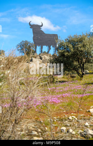 Osborne schwarz Spanischen Stier, Symbol für Spanien. Landschaft mit bewölktem Himmel. Stockfoto