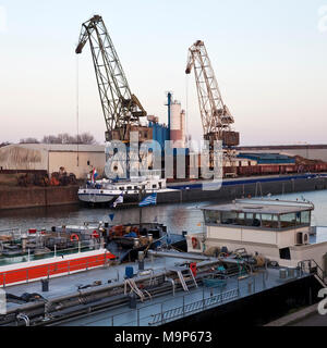 Frachtschiffe im Hafenkanal mit Kraenen, Binnenhafen, Duisburg, Ruhrgebiet, Nordrhein-Westfalen, Deutschland, Europa Stockfoto
