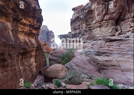 Wadi Rum, das Tal des Mondes, ist ein Tal in den Sandstein und Granit im südlichen Jordanien. Es ist die größte Wadi in Jordanien. Stockfoto