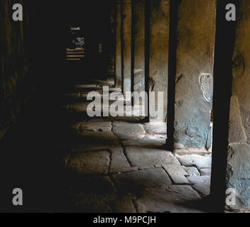 Dark Arcade in Khmer Tempel Ruine, Tempel Komplex, Ta Prohm Tempel, Angkor Wat, Angkor Archäologischer Park, Provinz Siem Reap Stockfoto