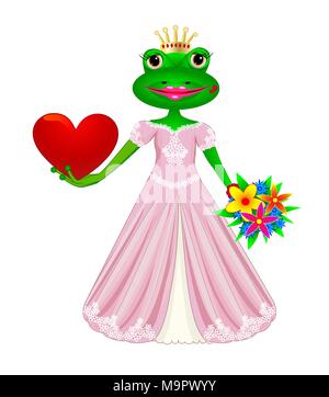 Cartoon Prinzessin Frosch mit Herzen und Blumen in der Hand. Stock Vektor