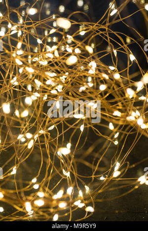 Cluster von Micro LED-string leuchtet. Flache Tiefenschärfe, Unscharf verschwommen. Stockfoto