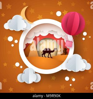 Cartoon Wüstenlandschaft. Cloud, Heißluftballon, Sterne, Sonne, Mond. Stock Vektor