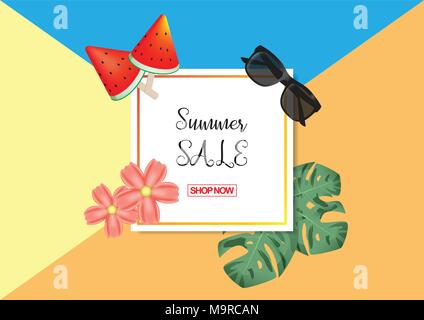 Design von Summer Sale Hintergrund Vorlage mit Sonnenbrille, Wassermelone, Monstera treibt, Blume. Vector Illustration EPS 10. Stock Vektor
