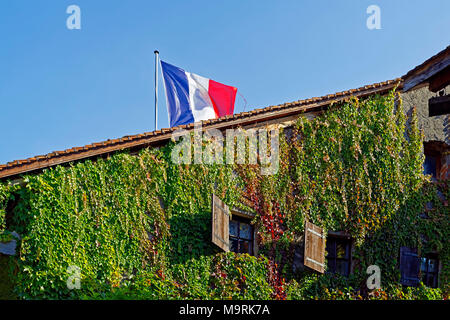 Europa, Frankreich, Auvergne Rhône Alptraum, Yvoire, Rue Des Jardins, Häuser, alte, typisch, nationalen, Frankreich, Architektur, Gebäude, Pflanzen, Histor Stockfoto