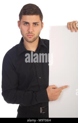 Junge Unternehmer halten weiße Karte Stockfoto