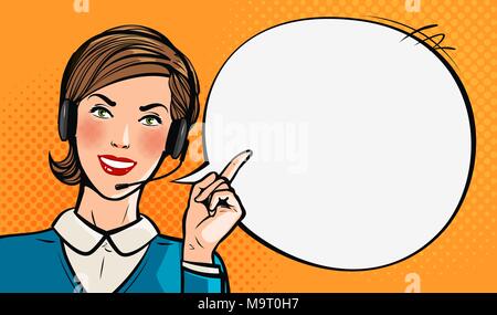 Call Center, Customer Support, Helpdesk oder Service Konzept. Schöne junge Mädchen mit Headset. Pop Art retro Comic Stil. Cartoon Vector Illustration Stock Vektor