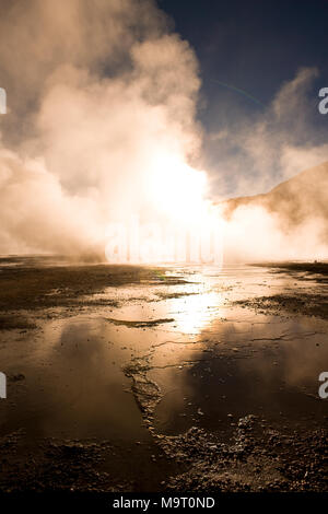 Sonnenaufgang hinter Fumarolen auf einer Höhe von 4300 m, El Tatio Geysire, Atacama-wüste, Antofagasta Region, Chile, Südamerika Stockfoto