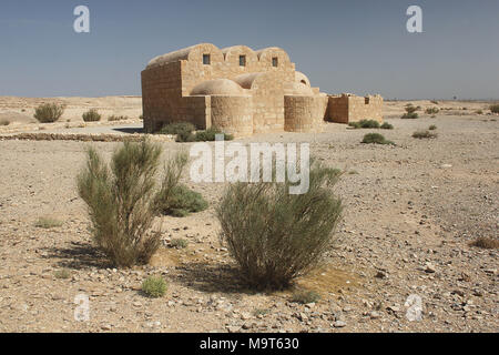 Das Äußere des Qusayr Amra (Qasr Amra) in der östlichen Wüste von Jordanien. Berühmt für seine Fresken, es ist ein UNESCO Weltkulturerbe. Stockfoto