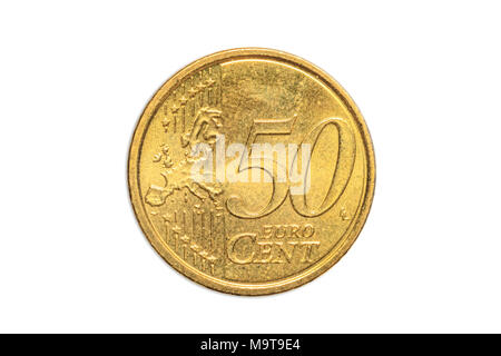 Die Europäische Münze von 50 Cent euro Close-up des vereinigten Europas, schwanz Seite. Auf weissem studio Hintergrund isoliert. Stockfoto