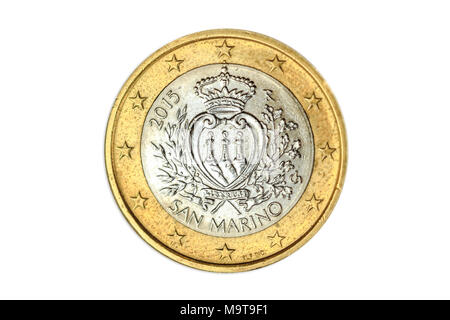 Italienische Münze von 1 Euro in der Nähe von San Marino Staat in Italien, Leiter Seite. Auf weissem studio Hintergrund isoliert. Stockfoto