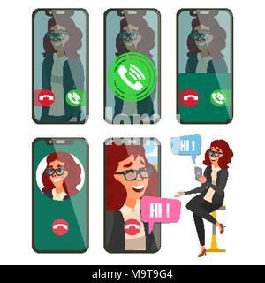 Online Call Vector. Frau Gesicht. Mobile Bildschirm. Video, Voice Chat Online. Sprechen. Aufruf Application Interface. On-line Chat App. Kommunikation. Bubble Reden. Drahtlose sprechen. Abbildung: Stock Vektor