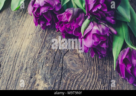 Uv-Tulpe Blumen auf alten rustikalen Holztisch mit Platz für Text. Blumenstrauß aus lila Frühling Tulpen. Happy Mother's Day. Der internationale Frauen D Stockfoto