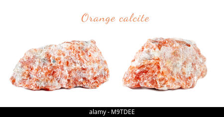 Makroaufnahmen von natürlichen Edelstein. Raw mineral Calcit orange, Brasilien. Isoliertes Objekt auf einem weißen Hintergrund. Stockfoto