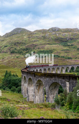 Jacobite Steam Train Lokomotive vorbei Glenfinnan Viadukt, der berühmten Lage erscheint auf der Filme Stockfoto