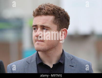 Irland und Ulster rugby spieler Paddy Jackson bei Belfast Crown Court, wo er und sein Teamkollege Stuart Olding vor Gericht beschuldigt der Vergewaltigung einer Frau an einem Anwesen in South Belfast im Juni 2016 ankommen. Stockfoto