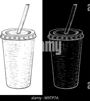 Drink in Pappbecher mit einem Strohhalm. Hand Skizze gezeichnet Stock Vektor