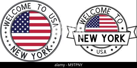 Nach New York Briefmarken Willkommen. Farbe rund Briefmarken mit National Flagge Stock Vektor