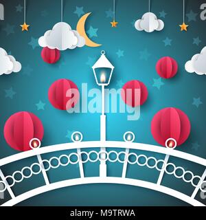 Cartoon Papier Landschaft. Brücke, Lampe, Lampe, Straße Abbildung. Stock Vektor