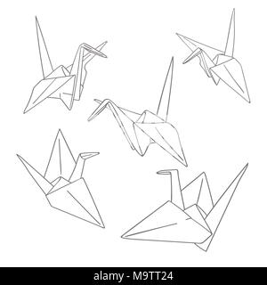 Satz von outline Hand gezeichnet Japanisches Papier Handwerk origami Vögel auf weißem Hintergrund Stock Vektor