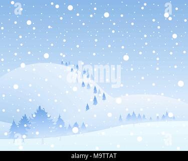 Ein Vektor Abbildung im EPS 10-Format auf einer gefrorenen Landschaft mit Schnee bedeckten Hügeln und Tannenbäume im Winter schnee Dusche unter einem blauen Himmel Stock Vektor