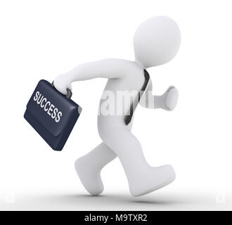3d-Geschäftsmann Holding einen Koffer mit Erfolg geschrieben, läuft Stockfoto