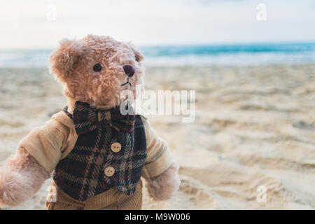 Teddybär stehend am Strand Stockfoto