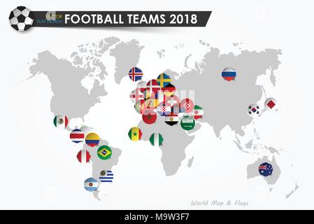 Soccer Cup 2018. Flaggen der Fußball-Mannschaften auf Weltkarte Hintergrund. Vektor für internationale WM-Turnier 2018 Konzept. Flach Stock Vektor