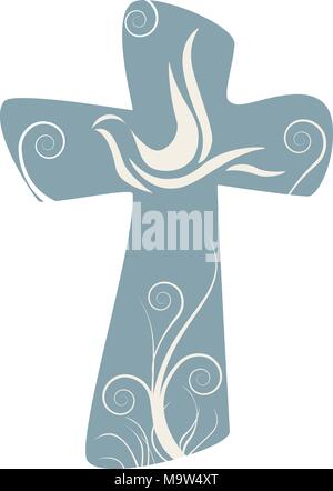 Isoliertes christliches Kreuz mit weißer Taube als Zeichen des Heiligen Geistes auf blauem Hintergrund. Ostern oder Taufkonzept Stock Vektor
