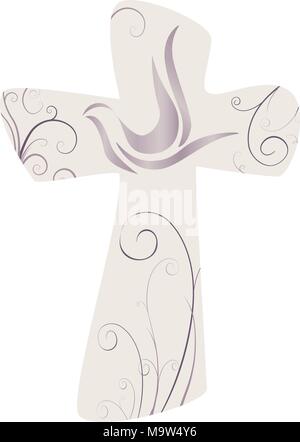 Isoliertes christliches Kreuz mit stilisierter Taube als Zeichen des Heiligen Geistes auf beigefarbenem Hintergrund. Ostern oder Taufkonzept. Evangelisches Zeichen. Glaube Stock Vektor