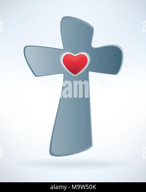 Isoliertes und stilisiertes christliches Kreuz mit rotem Herzen auf blauem Hintergrund. Ostern oder Taufkonzept. Christina-Symbol oder -Schild Stock Vektor