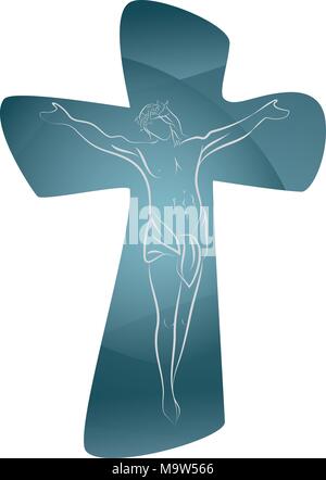 Christian Kreuz mit Jesus gekreuzigt auf blauem Hintergrund. Kruzifix. Kreuzigung. Religiöse Zeichen. Mehrere. Stock Vektor