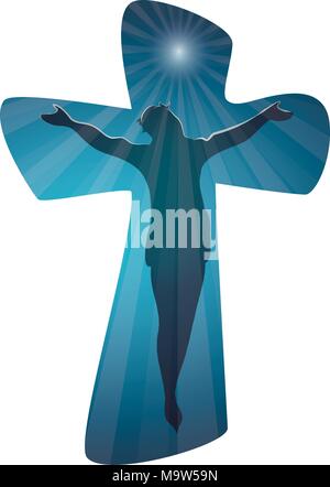 Christenkreuz mit gekreuzigten jesus auf blauem Grund. Kruzifix. Silhouette jesus. Kreuzigung. Religiöses Zeichen. Mehrfachbelichtung Stock Vektor