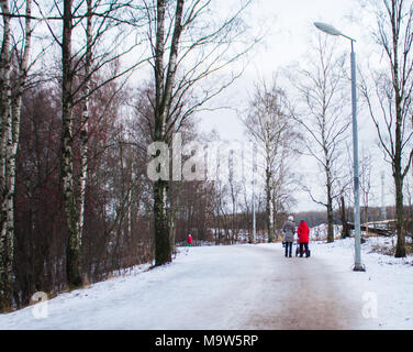 Frauen wandern mit Kinderwagen in der Stadt Park im Winter Stockfoto
