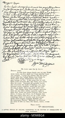 Nach einem Schreiben von Irland geschmiedet, die vorgibt, von Shakespeare bis Anne Hathaway geschrieben werden. William Henry Irland, 1775 - 1835. Englisch Fälscher der würde Shakespeare Dokumente sein und spielt. William Shakespeare, (1564 - 1616) getauft. Englischer Dichter, Dramatiker und Schauspieler. Aus einem Leben von William Shakespeare, veröffentlicht 1908. Stockfoto