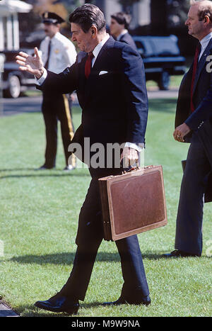 Washington DC., USA, Oktober 1984 US-Präsident Ronald Reagan geht zurück auf das Weiße Haus nach der Ankunft auf dem South Lawn in Marine One. Credit: Mark Reinstein/MediaPunch Stockfoto