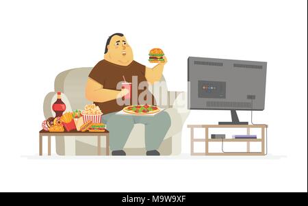 Fat man Fernsehen - cartoon Menschen Charakter isoliert Abbildung Stock Vektor