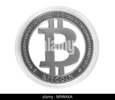 Silber Bitcoin Crypto Währung auf weißem Hintergrund Stockfoto